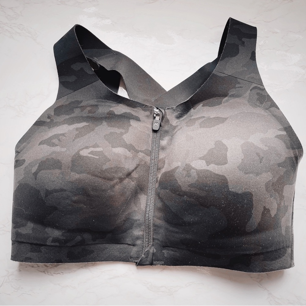 Lululemon Enlite Bra Zip Front Incognito Camo Multi Grey Cross Back 32E DD - Picture 4 of 7